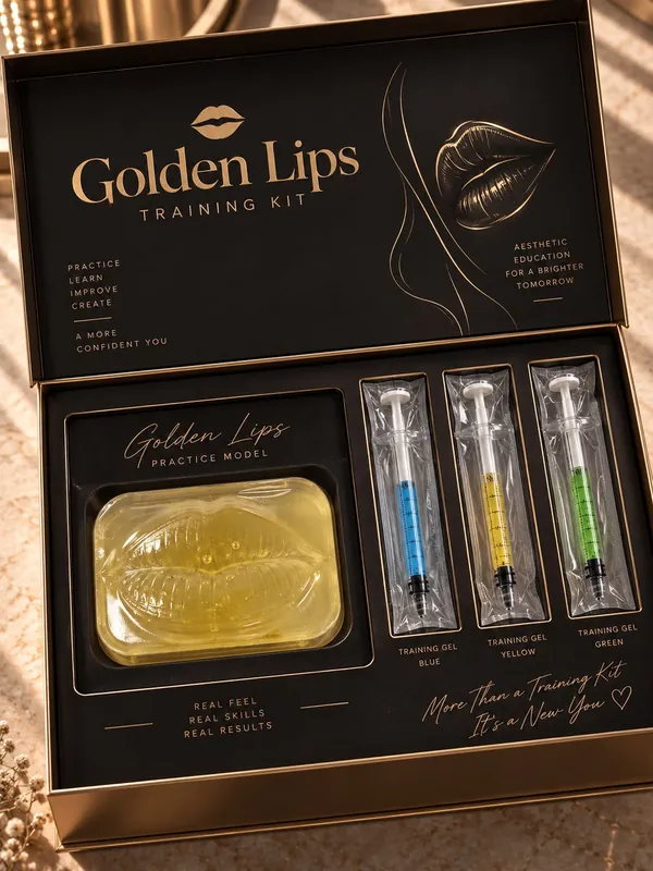 Golden Lips Training Kit — açık kutu içinde dudak pratik maketi ve üç training gel şırıngası